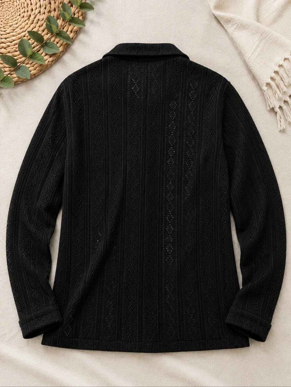 Zara XL Black Openwork Jacquard Crochet Knit Button Long Sleeve Shirt Sweater
